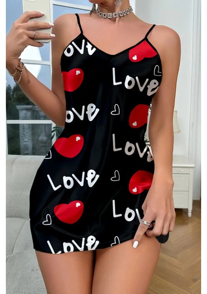 Love Desenli Siyah Saten Gecelik - MB000X-2GVTC6