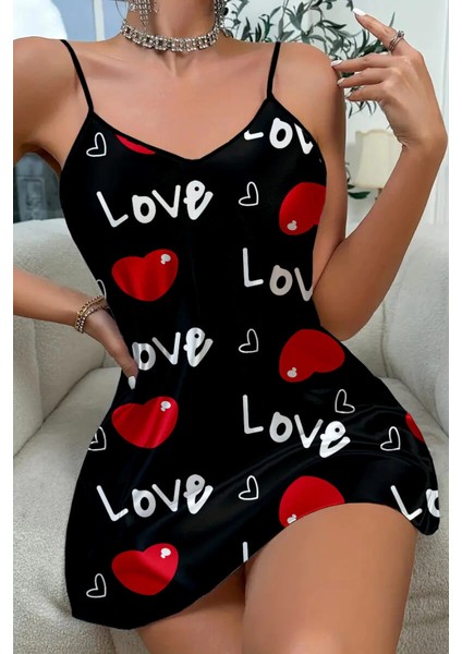 Love Desenli Siyah Saten Gecelik - MB000X-2GVTC6 fırsatları