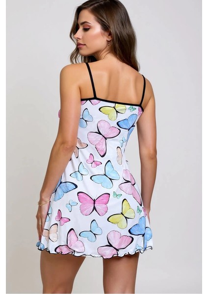 Renkli Kelebek Desenli Askılı Kadın Gecelik - MB000X-2GVZ66 fırsatları