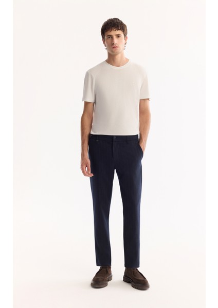 Erkek Lacivert Viskon Karışımlı Kolay Ütülenen Çizgili Slim Fit Pantolon A52Y3006