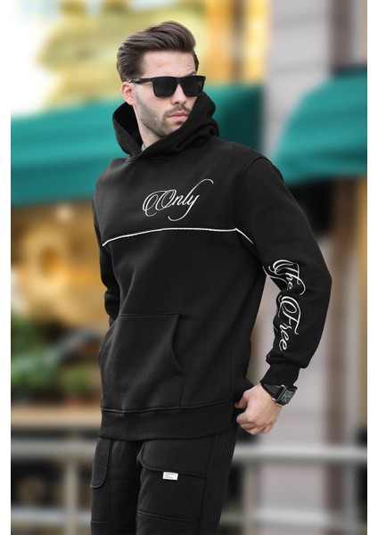 Siyah Kapüşonlu Şerit Detaylı Baskılı Erkek Sweatshirt 7091