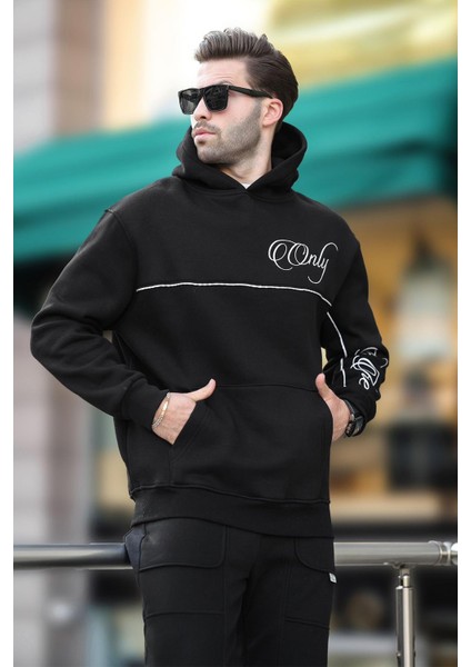 Siyah Kapüşonlu Şerit Detaylı Baskılı Erkek Sweatshirt 7091 fiyatları