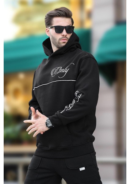 Siyah Kapüşonlu Şerit Detaylı Baskılı Erkek Sweatshirt 7091 modelleri