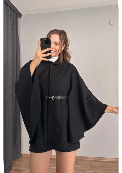 Siyah Prilika Kadın Rahat Araboy Kemerli Şık Kaşe Panço – 2025 Yeni Sezon fırsatları