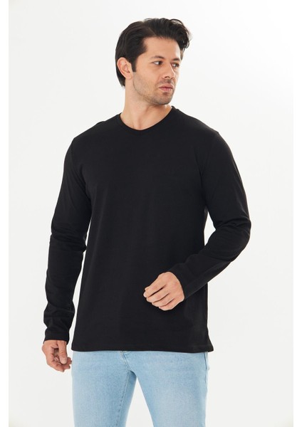 Erkek Pamuklu V Yaka Uzun Kollu Tişört Siyah 5021-S