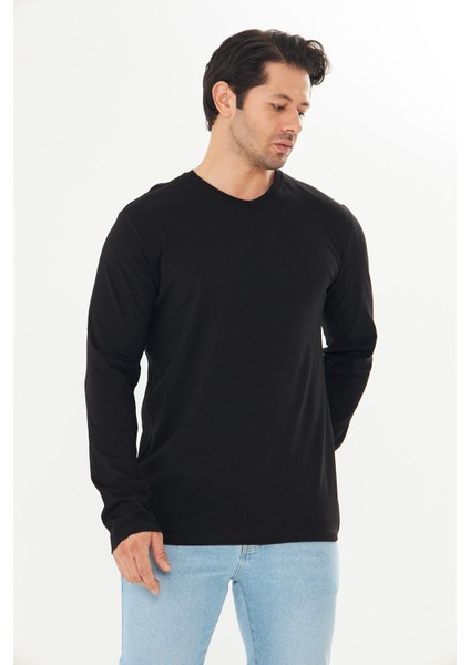 Erkek Pamuklu V Yaka Uzun Kollu Tişört Siyah 5021-S modelleri