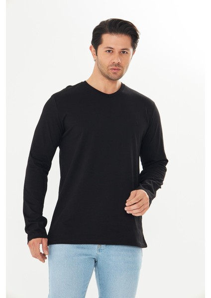 Erkek Pamuklu V Yaka Uzun Kollu Tişört Siyah 5021-S indirimleri