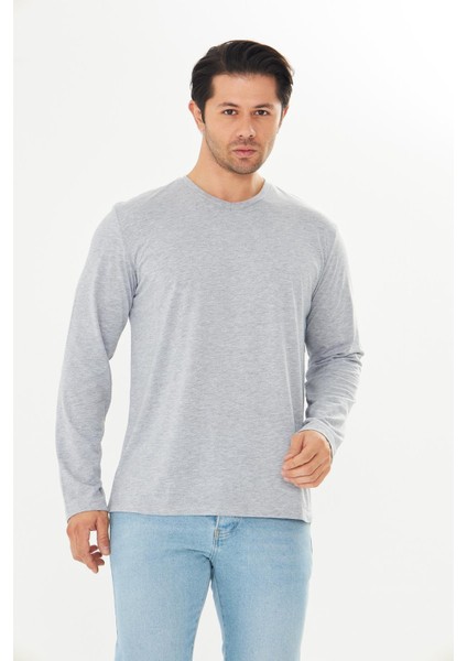 Erkek Pamuklu V Yaka Uzun Kollu Tişört Gri Melanj 5021-G