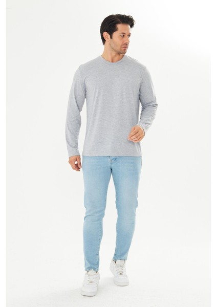Erkek Pamuklu V Yaka Uzun Kollu Tişört Gri Melanj 5021-G fiyatları