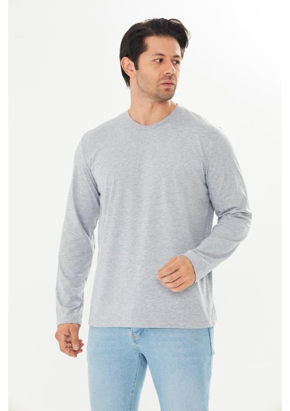 Erkek Pamuklu V Yaka Uzun Kollu Tişört Gri Melanj 5021-G fırsatları