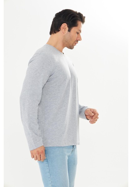 Erkek Pamuklu V Yaka Uzun Kollu Tişört Gri Melanj 5021-G indirimleri