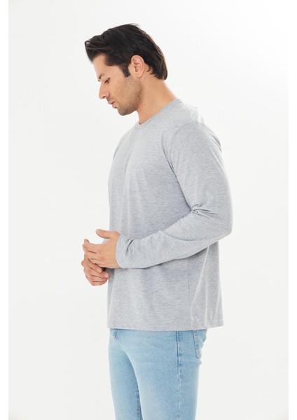 Erkek Pamuklu V Yaka Uzun Kollu Tişört Gri Melanj 5021-G