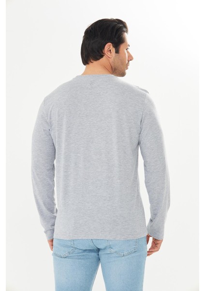 Erkek Pamuklu V Yaka Uzun Kollu Tişört Gri Melanj 5021-G