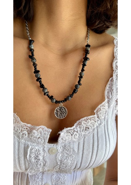 Obsidyen ve Dumanlı Kuvars Çelik Kolye