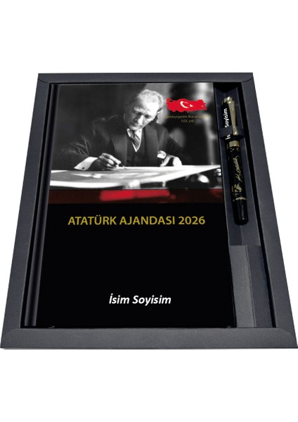 Kişiye Özel Isim Baskılı, Özel Tasarım Atatürk Ajandası 2026 Kenar Boyalı ve Kalem Seti, Vıp Hediye Kutulu