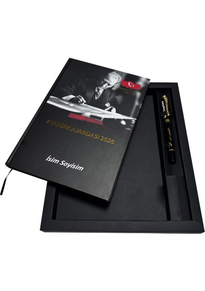 Kişiye Özel Isim Baskılı, Özel Tasarım Atatürk Ajandası 2026 Kenar Boyalı ve Kalem Seti, Vıp Hediye Kutulu modelleri