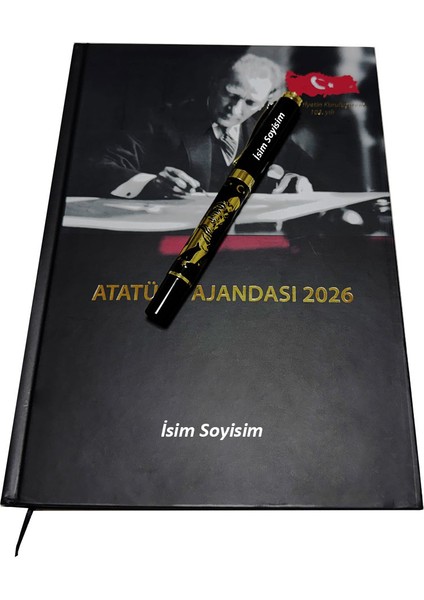 Kişiye Özel Isim Baskılı, Özel Tasarım Atatürk Ajandası 2026 Kenar Boyalı ve Kalem Seti, Vıp Hediye Kutulu fırsatları