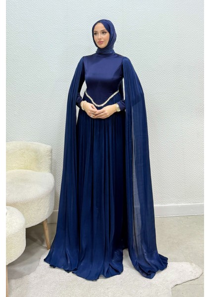 Nual Pelerinli Taş Işlemeli Tesettür Abiye- Lacivert