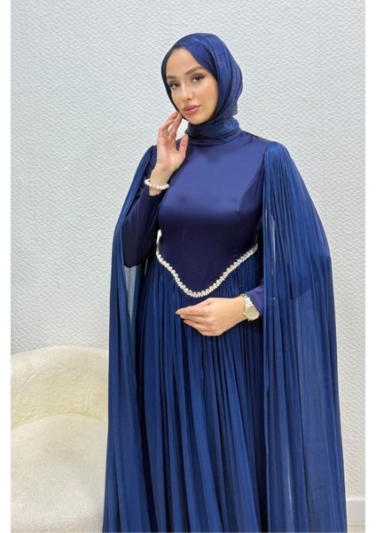 Nual Pelerinli Taş Işlemeli Tesettür Abiye- Lacivert fiyatları