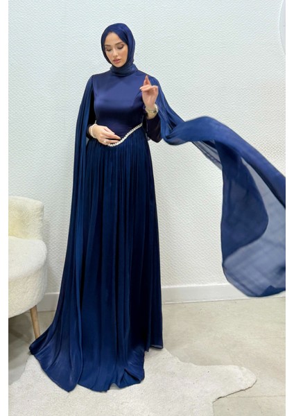 Nual Pelerinli Taş Işlemeli Tesettür Abiye- Lacivert modelleri