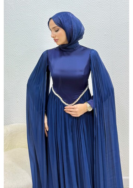 Nual Pelerinli Taş Işlemeli Tesettür Abiye- Lacivert fırsatları