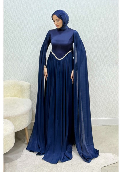 Nual Pelerinli Taş Işlemeli Tesettür Abiye- Lacivert indirimleri