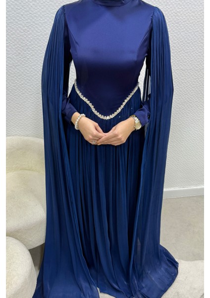 Nual Pelerinli Taş Işlemeli Tesettür Abiye- Lacivert