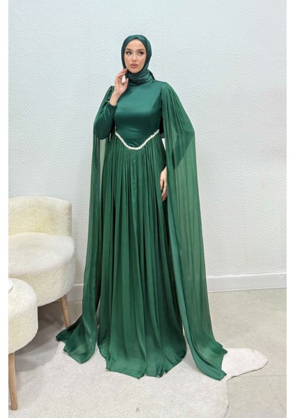 Nual Pelerinli Taş Işlemeli Tesettür Abiye- Zümrüt