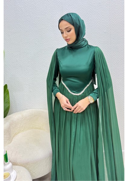 Nual Pelerinli Taş Işlemeli Tesettür Abiye- Zümrüt modelleri