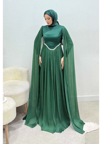 Nual Pelerinli Taş Işlemeli Tesettür Abiye- Zümrüt fırsatları