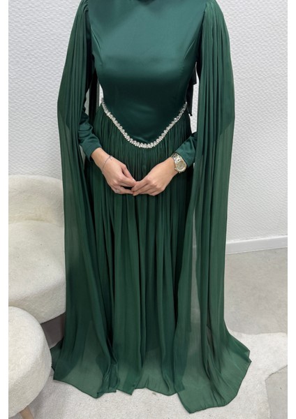 Nual Pelerinli Taş Işlemeli Tesettür Abiye- Zümrüt indirimleri