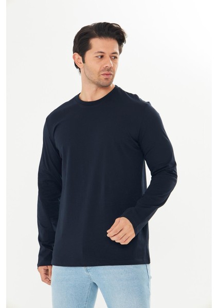 Erkek Pamuklu Bisiklet Yaka Uzun Kollu Tişört Lacivert 5020-L