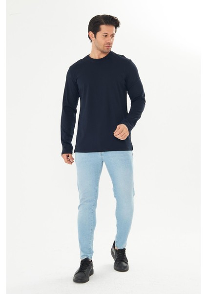 Erkek Pamuklu Bisiklet Yaka Uzun Kollu Tişört Lacivert 5020-L fiyatları
