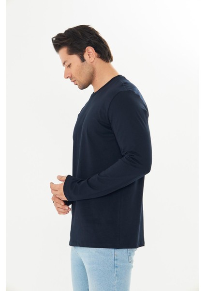 Erkek Pamuklu Bisiklet Yaka Uzun Kollu Tişört Lacivert 5020-L