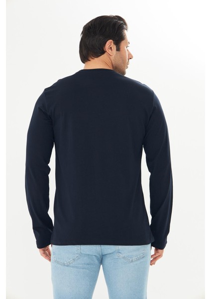 Erkek Pamuklu Bisiklet Yaka Uzun Kollu Tişört Lacivert 5020-L