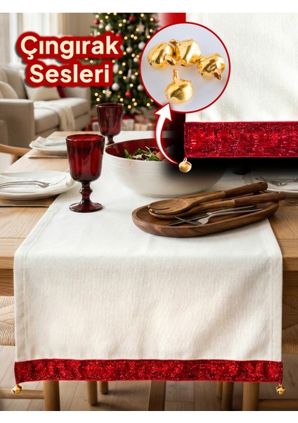 Premium Çıngıraklı Runner Yılbaşı Özel - Yeni Yıl Kırmızı Kadife Kurdeleli Dekoratif Runner