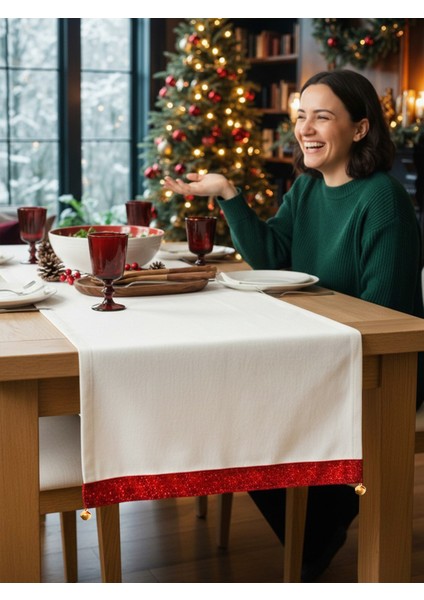 Premium Çıngıraklı Runner Yılbaşı Özel - Yeni Yıl Kırmızı Kadife Kurdeleli Dekoratif Runner