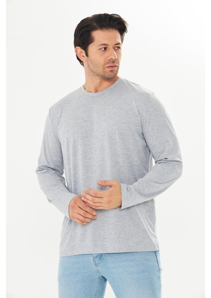 Erkek Pamuklu Bisiklet Yaka Uzun Kollu Tişört Gri Melanj 5020-G