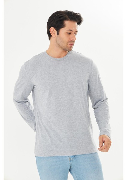 Erkek Pamuklu Bisiklet Yaka Uzun Kollu Tişört Gri Melanj 5020-G modelleri