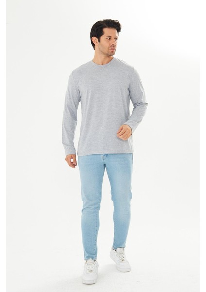 Erkek Pamuklu Bisiklet Yaka Uzun Kollu Tişört Gri Melanj 5020-G fırsatları