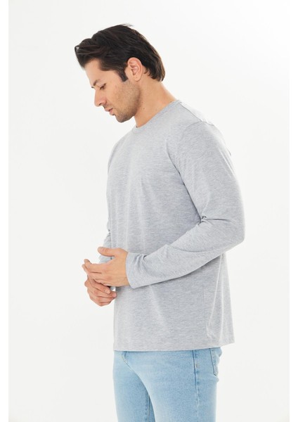 Erkek Pamuklu Bisiklet Yaka Uzun Kollu Tişört Gri Melanj 5020-G