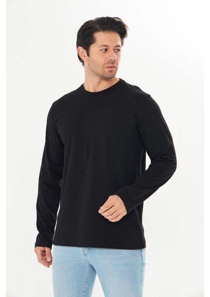 Erkek Pamuklu Bisiklet Yaka Uzun Kollu Tişört Siyah 5020-S