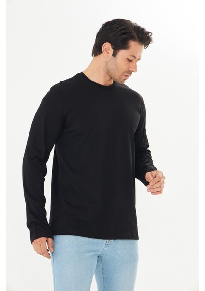 Erkek Pamuklu Bisiklet Yaka Uzun Kollu Tişört Siyah 5020-S modelleri