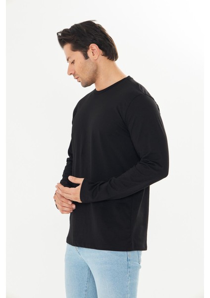 Erkek Pamuklu Bisiklet Yaka Uzun Kollu Tişört Siyah 5020-S