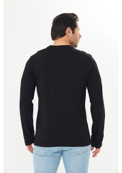 Erkek Pamuklu Bisiklet Yaka Uzun Kollu Tişört Siyah 5020-S