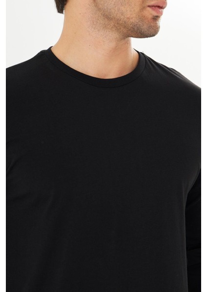 Erkek Pamuklu Bisiklet Yaka Uzun Kollu Tişört Siyah 5020-S