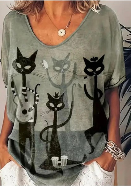 Siyah Kedi Desenli Salaş Dokuma Bluz