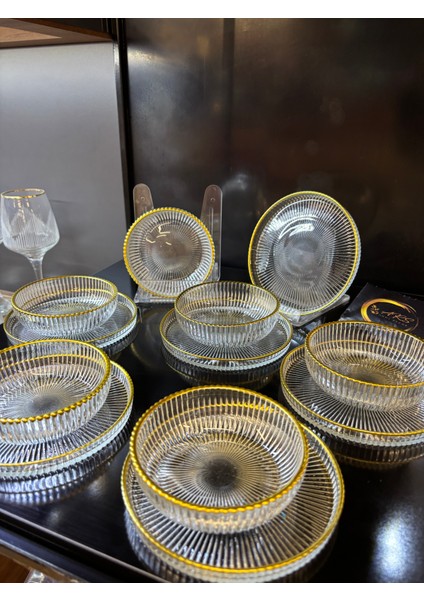 Çizgilikibar Kaseli Gold Yaldızlı Çerez Takımı 6 KİŞİLİK12 Parça Çerezlik fiyatları