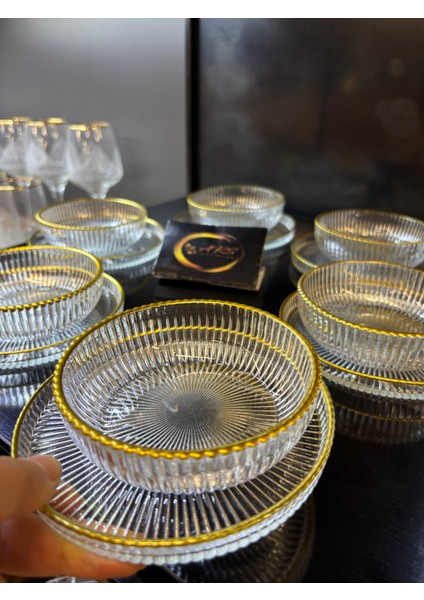 Çizgilikibar Kaseli Gold Yaldızlı Çerez Takımı 6 KİŞİLİK12 Parça Çerezlik indirimleri