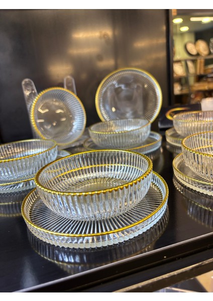 Çizgilikibar Kaseli Gold Yaldızlı Çerez Takımı 6 KİŞİLİK12 Parça Çerezlik